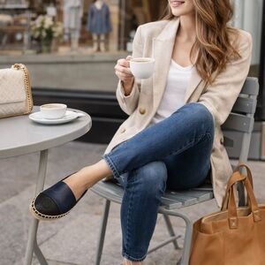 Tory Burch Colorblock Espadrille Flats Leather Navy Black Cap Toe Size 8